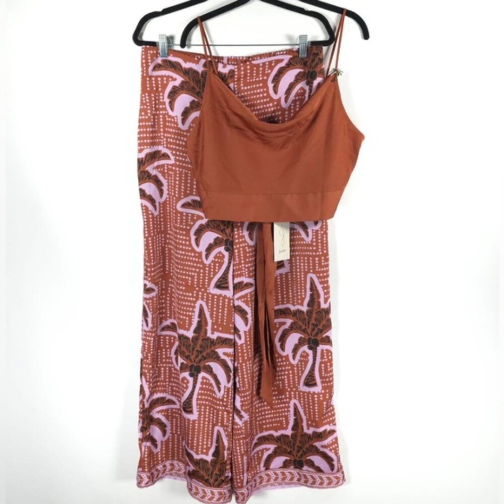 NWT Joie SET 2 Pieces Women's Brown Palm Tree Pants Satin Tie Top Ruched LARGE